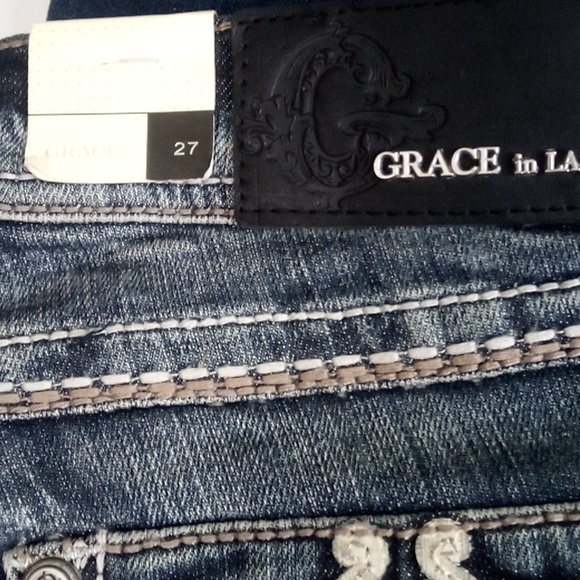 Grace in LA Women's 27 Boot Cut Embellished Rhinestones Dark Fade Distressed NWT - Picture 7 of 8